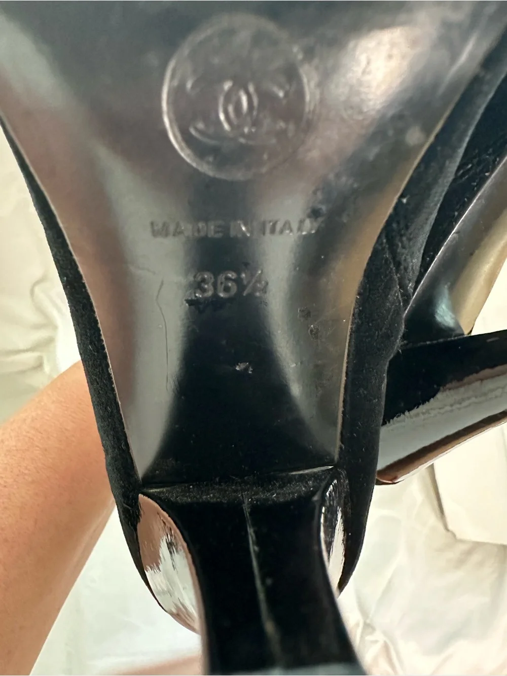 CHANEL Black Velvet Patent Leather Knee High Boots EU 36.5